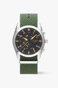 Wristwatch with green strap and black dial on a white background