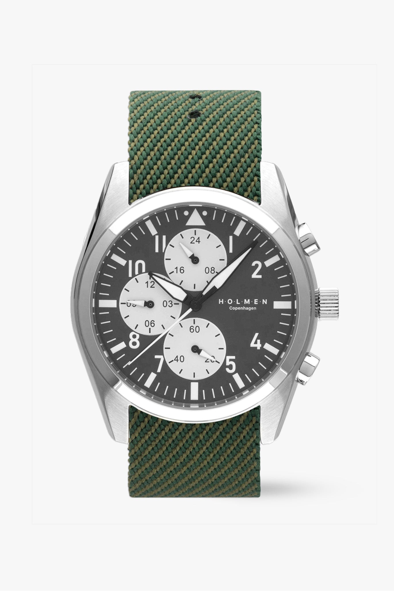 Wristwatch with green strap and silver case on a white background