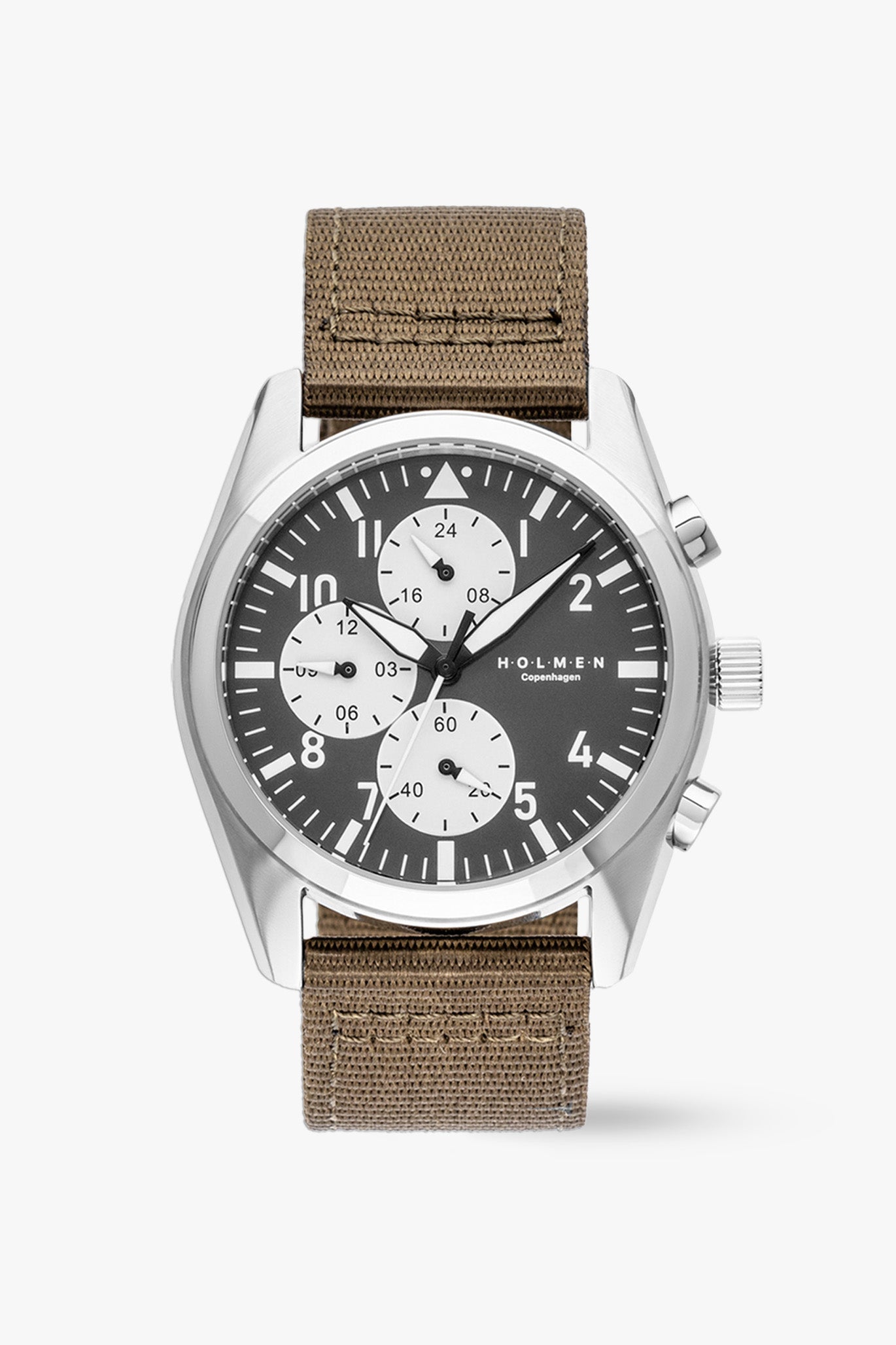 Watch with brown strap and black dial on a white background