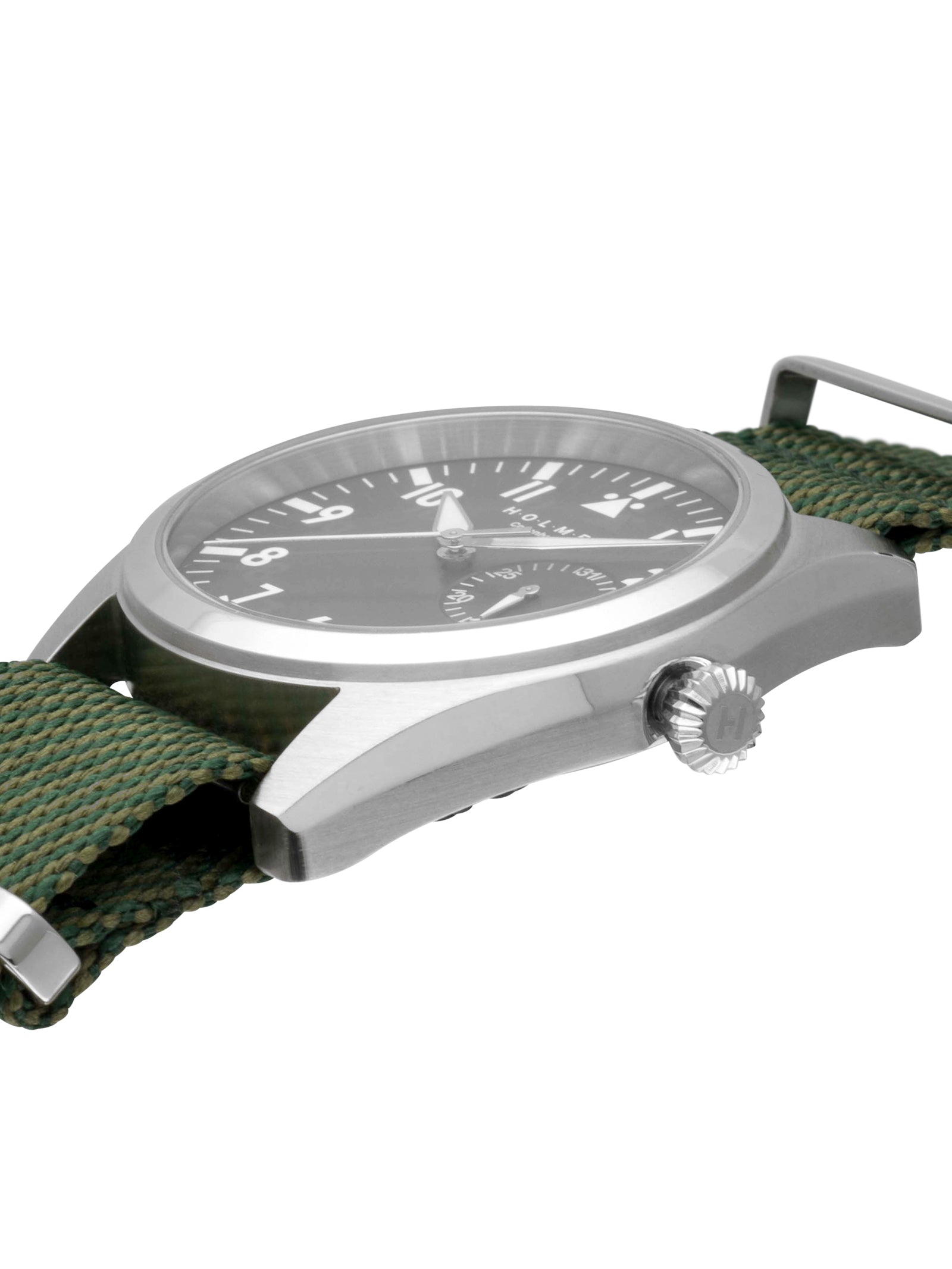 #Green strap and black dial on a white background