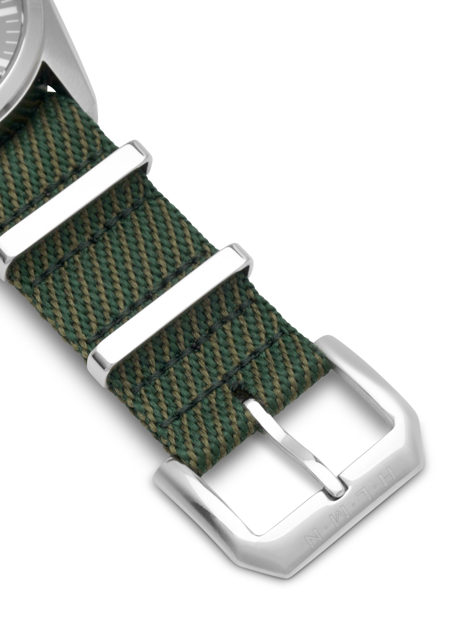 #Green strap and black dial on a white background