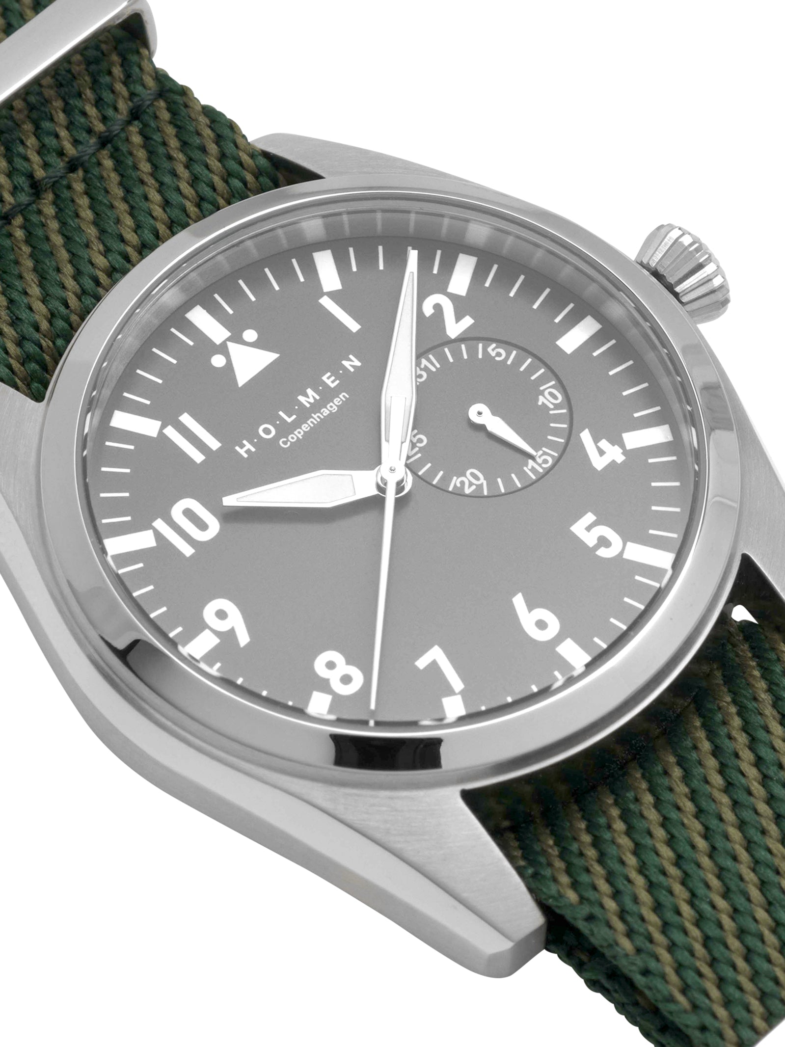 #Green strap and black dial on a white background