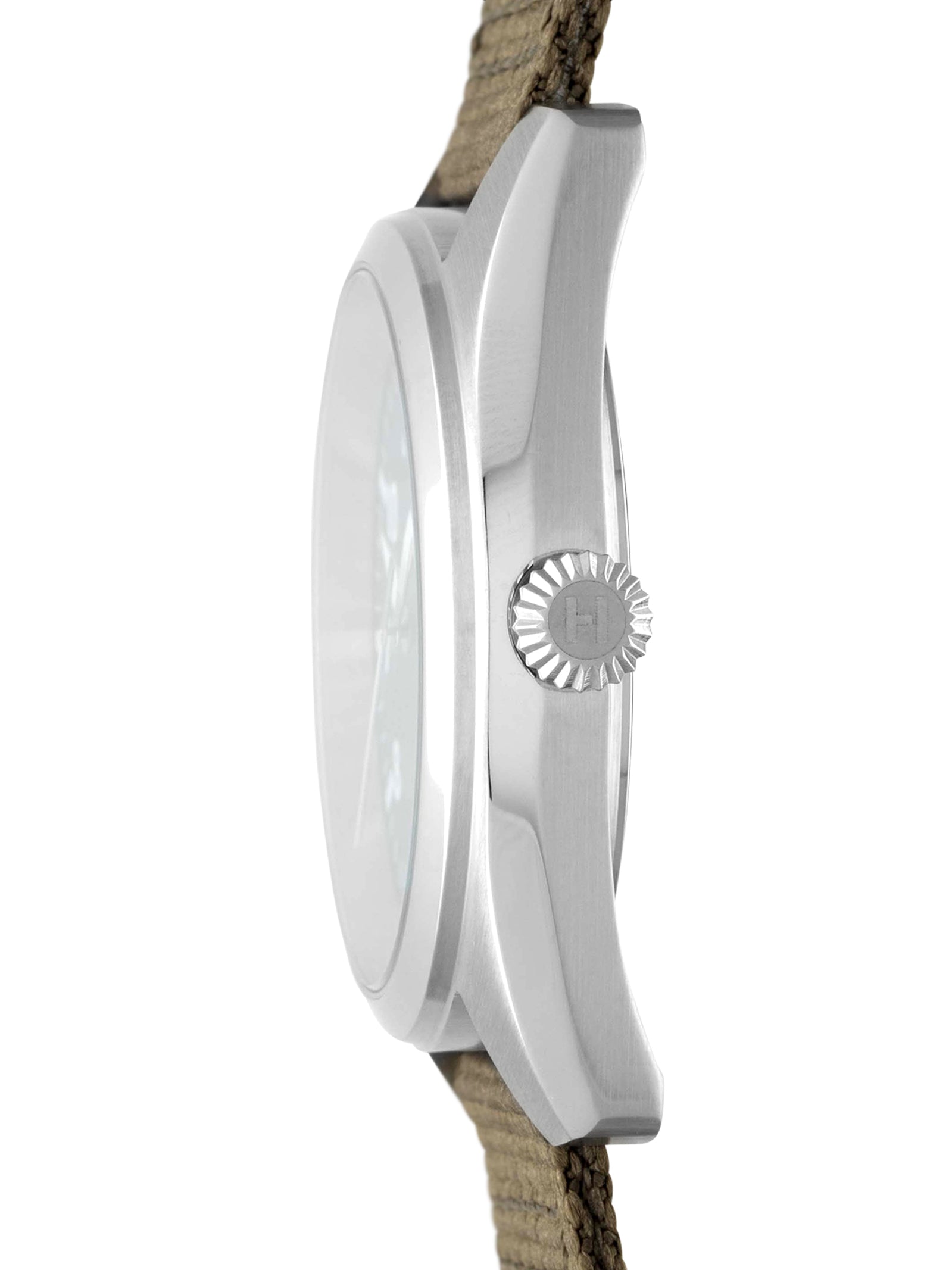 #Khaki strap and black dial on a white background