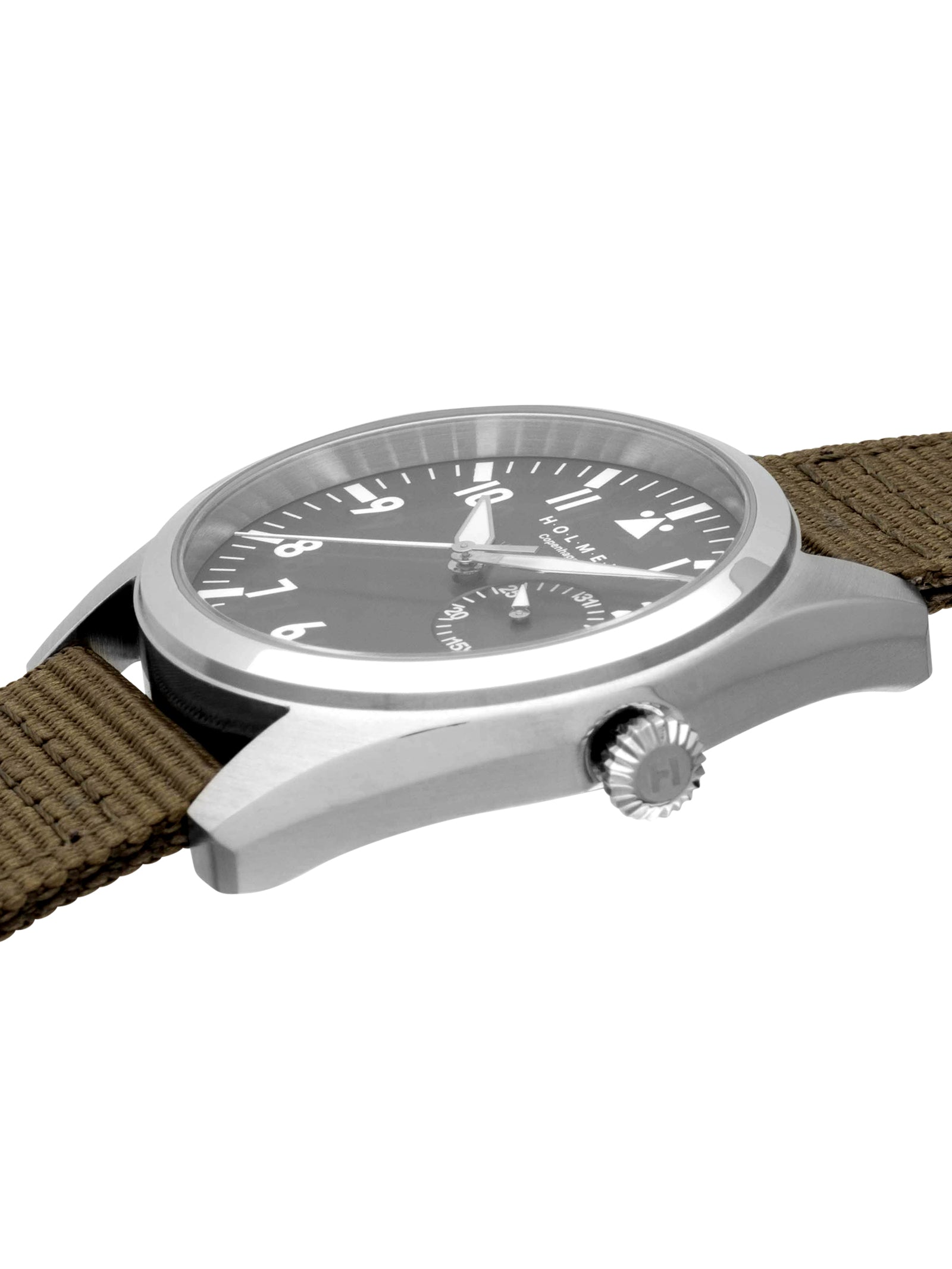 #Khaki strap and black dial on a white background