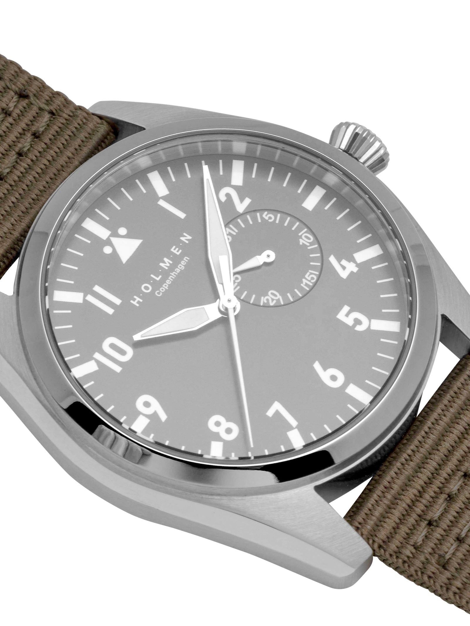 #Khaki strap and black dial on a white background