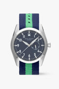 Watch with a blue and green strap on a white background