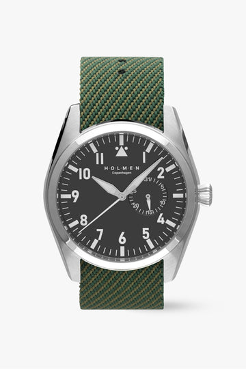 #Green strap and black dial on a white background