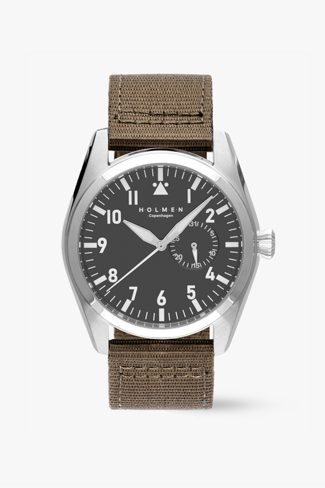 #Khaki strap and black dial on a white background