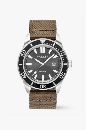 Watch with brown strap and black dial on a white background
