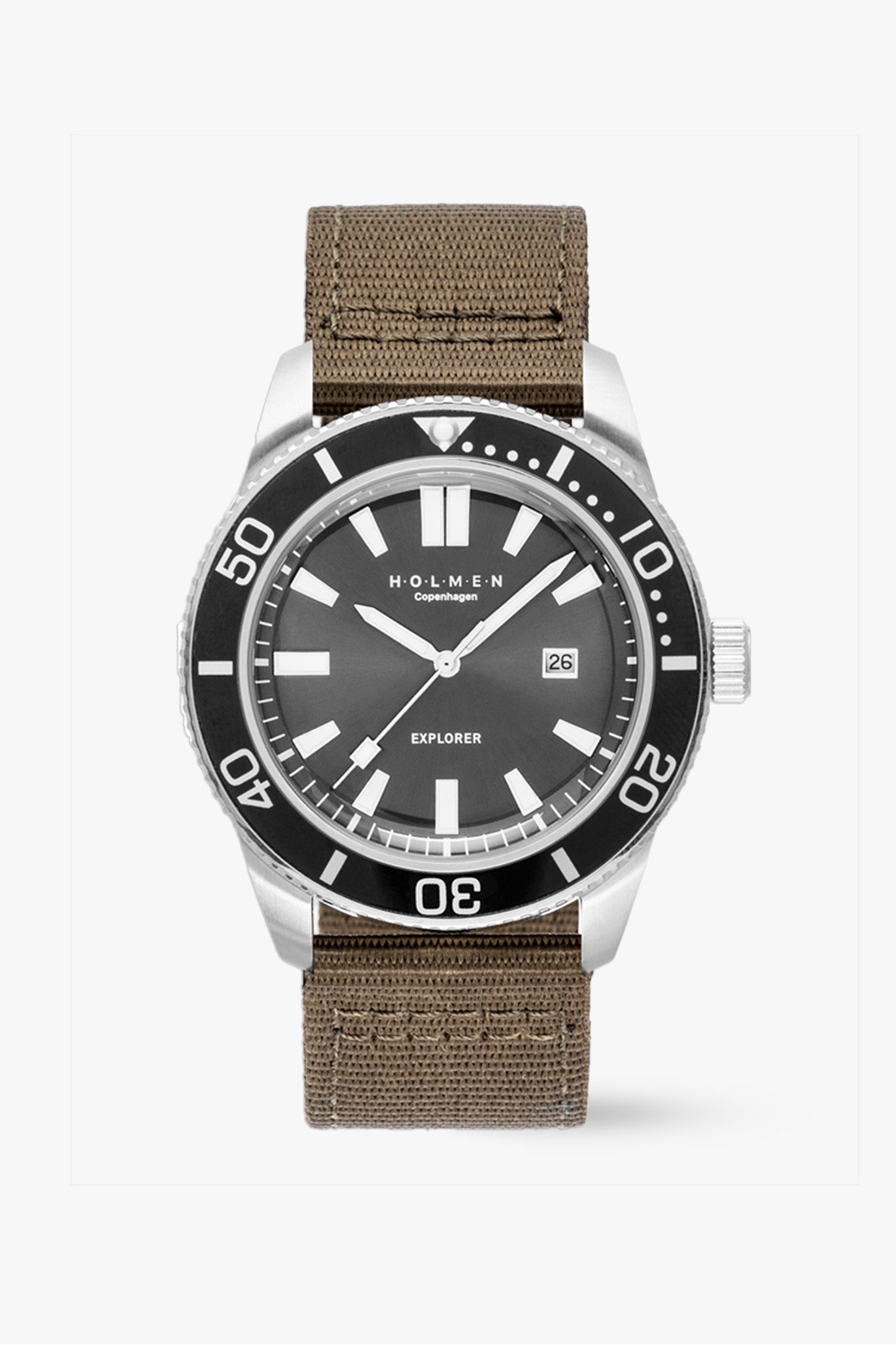 Watch with brown strap and black dial on a white background